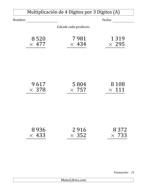 La hoja de ejercicios de Multiplicar Números de 4 Dígitos por 3 Dígitos (Formato Grande) Usando Espacios como Separadores de Millares (Todas)