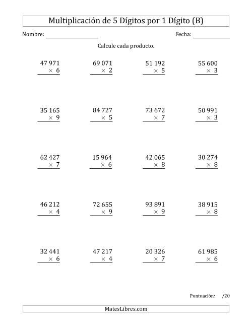 La hoja de ejercicios de Multiplicar Números de 5 Dígitos por 1 Dígito Usando Espacios como Separadores de Millares (B)