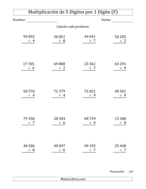 La hoja de ejercicios de Multiplicar Números de 5 Dígitos por 1 Dígito Usando Espacios como Separadores de Millares (F)