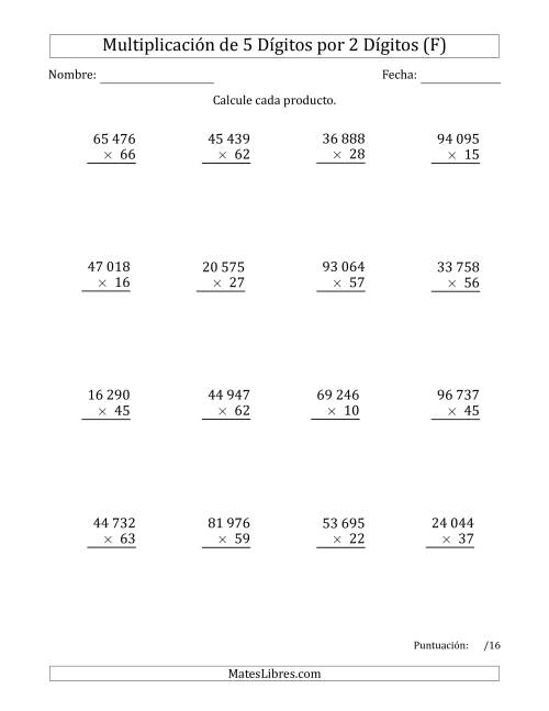 La hoja de ejercicios de Multiplicar Números de 5 Dígitos por 2 Dígitos Usando Espacios como Separadores de Millares (F)