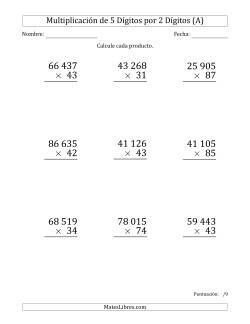 Multiplicar Números de 5 Dígitos por 2 Dígitos (Formato Grande) Usando Espacios como Separadores de Millares