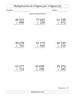 Multiplicar Números de 5 Dígitos por 3 Dígitos (Formato Grande) Usando Espacios como Separadores de Millares