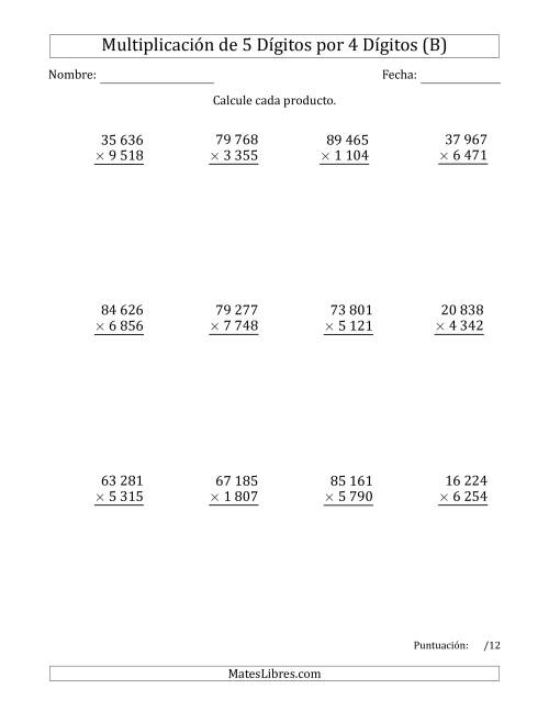 La hoja de ejercicios de Multiplicar Números de 5 Dígitos por 4 Dígitos Usando Espacios como Separadores de Millares (B)