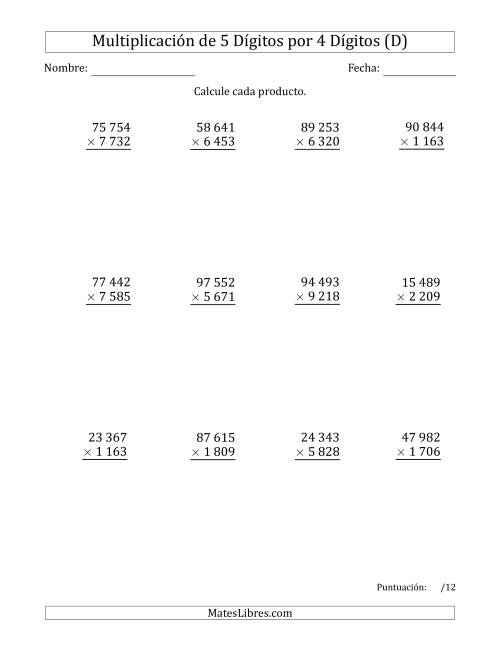 La hoja de ejercicios de Multiplicar Números de 5 Dígitos por 4 Dígitos Usando Espacios como Separadores de Millares (D)