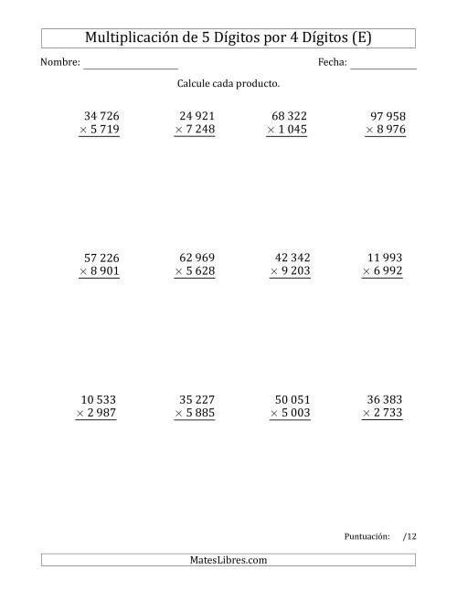 La hoja de ejercicios de Multiplicar Números de 5 Dígitos por 4 Dígitos Usando Espacios como Separadores de Millares (E)
