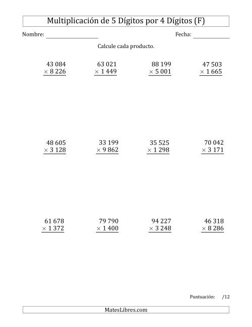 La hoja de ejercicios de Multiplicar Números de 5 Dígitos por 4 Dígitos Usando Espacios como Separadores de Millares (F)