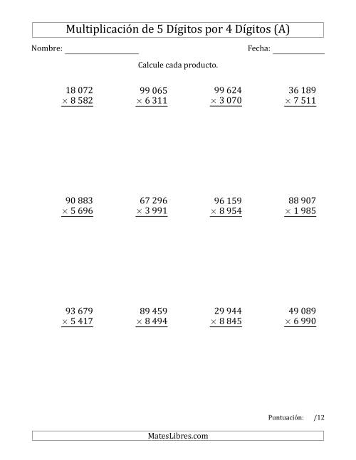 La hoja de ejercicios de Multiplicar Números de 5 Dígitos por 4 Dígitos Usando Espacios como Separadores de Millares (Todas)