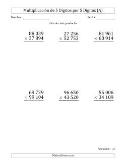 Multiplicar Números de 5 Dígitos por 5 Dígitos (Formato Grande) Usando Espacios como Separadores de Millares