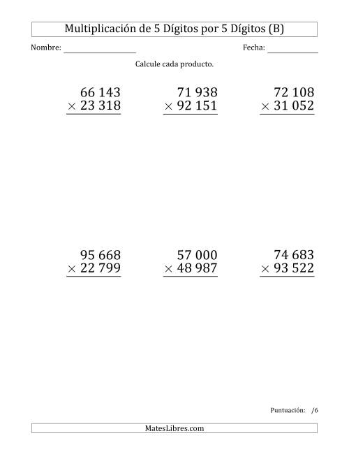 La hoja de ejercicios de Multiplicar Números de 5 Dígitos por 5 Dígitos (Formato Grande) Usando Espacios como Separadores de Millares (B)