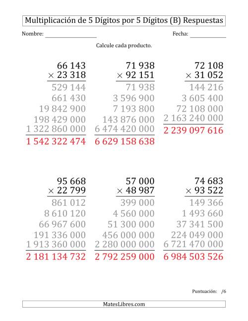 La hoja de ejercicios de Multiplicar Números de 5 Dígitos por 5 Dígitos (Formato Grande) Usando Espacios como Separadores de Millares (B) Página 2
