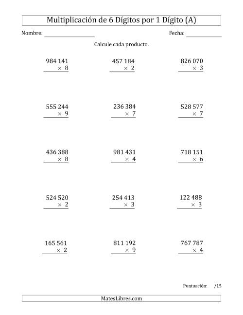 La hoja de ejercicios de Multiplicar Números de 6 Dígitos por 1 Dígito Usando Espacios como Separadores de Millares (A)