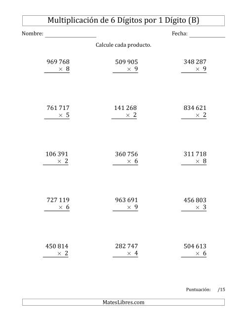 La hoja de ejercicios de Multiplicar Números de 6 Dígitos por 1 Dígito Usando Espacios como Separadores de Millares (B)