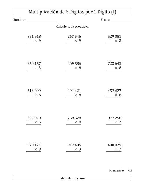 La hoja de ejercicios de Multiplicar Números de 6 Dígitos por 1 Dígito Usando Espacios como Separadores de Millares (I)