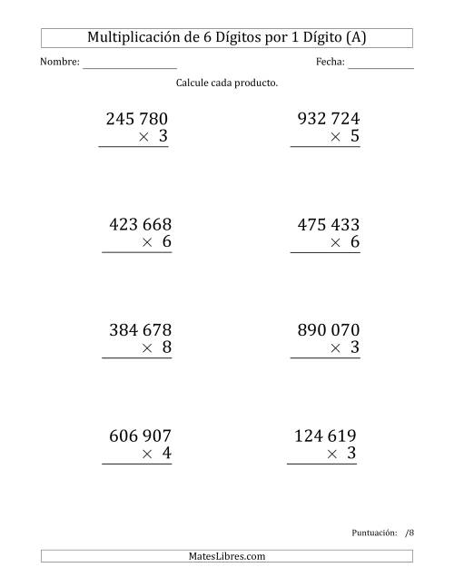 La hoja de ejercicios de Multiplicar Números de 6 Dígitos por 1 Dígito (Formato Grande) Usando Espacios como Separadores de Millares (A)