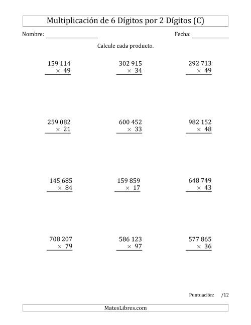 La hoja de ejercicios de Multiplicar Números de 6 Dígitos por 2 Dígitos Usando Espacios como Separadores de Millares (C)