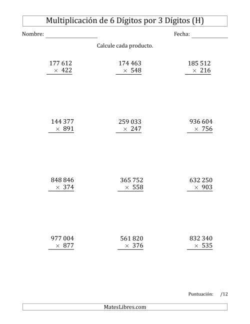La hoja de ejercicios de Multiplicar Números de 6 Dígitos por 3 Dígitos Usando Espacios como Separadores de Millares (H)