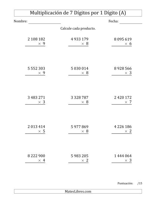 La hoja de ejercicios de Multiplicar Números de 7 Dígitos por 1 Dígito Usando Espacios como Separadores de Millares (Todas)