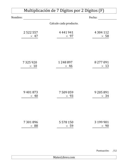 La hoja de ejercicios de Multiplicar Números de 7 Dígitos por 2 Dígitos Usando Espacios como Separadores de Millares (F)