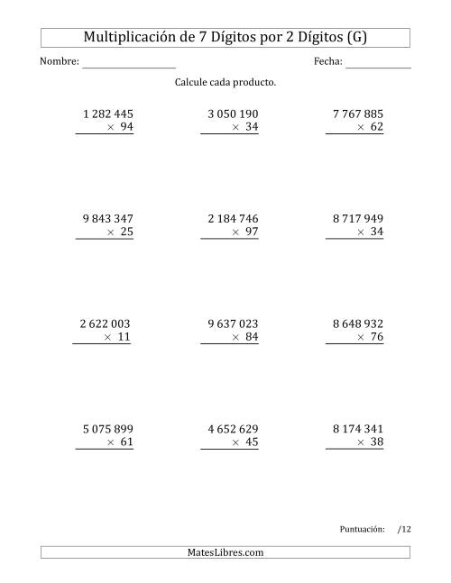 La hoja de ejercicios de Multiplicar Números de 7 Dígitos por 2 Dígitos Usando Espacios como Separadores de Millares (G)