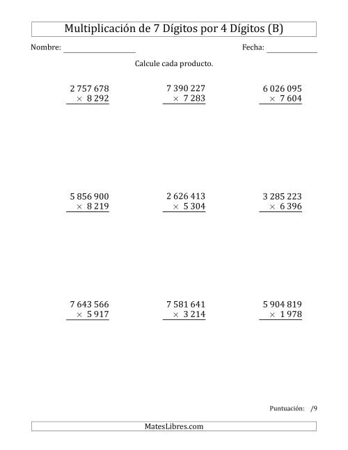 La hoja de ejercicios de Multiplicar Números de 7 Dígitos por 4 Dígitos Usando Espacios como Separadores de Millares (B)