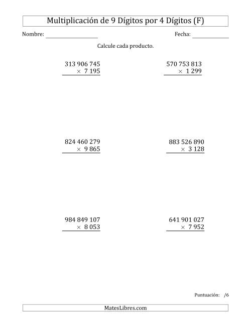 La hoja de ejercicios de Multiplicar Números de 9 Dígitos por 4 Dígitos Usando Espacios como Separadores de Millares (F)
