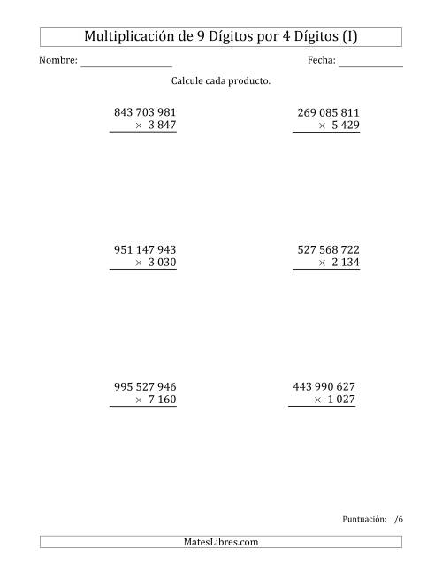 La hoja de ejercicios de Multiplicar Números de 9 Dígitos por 4 Dígitos Usando Espacios como Separadores de Millares (I)
