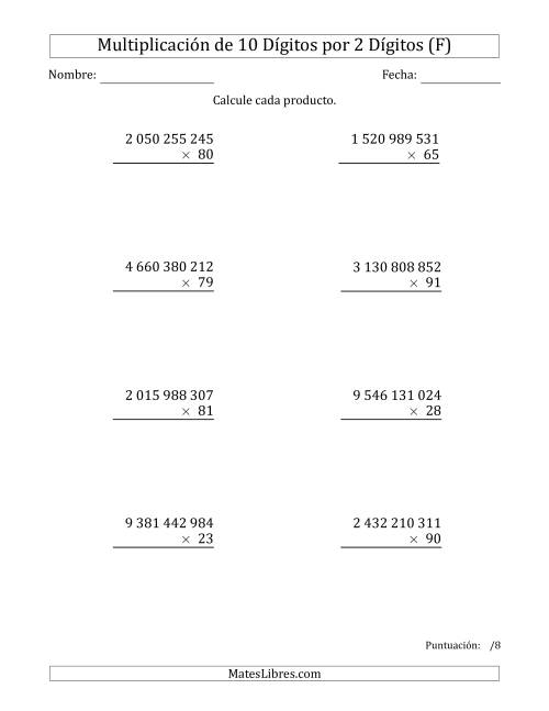 La hoja de ejercicios de Multiplicar Números de 10 Dígitos por 2 Dígitos Usando Espacios como Separadores de Millares (F)