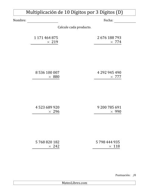La hoja de ejercicios de Multiplicar Números de 10 Dígitos por 3 Dígitos Usando Espacios como Separadores de Millares (D)