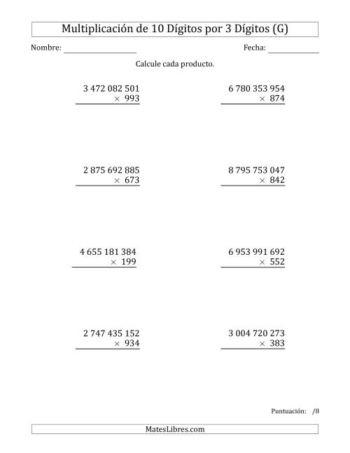 La hoja de ejercicios de Multiplicar Números de 10 Dígitos por 3 Dígitos Usando Espacios como Separadores de Millares (G)