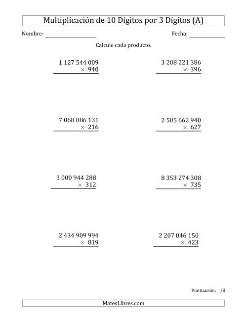 La hoja de ejercicios de Multiplicar Números de 10 Dígitos por 3 Dígitos Usando Espacios como Separadores de Millares (Todas)