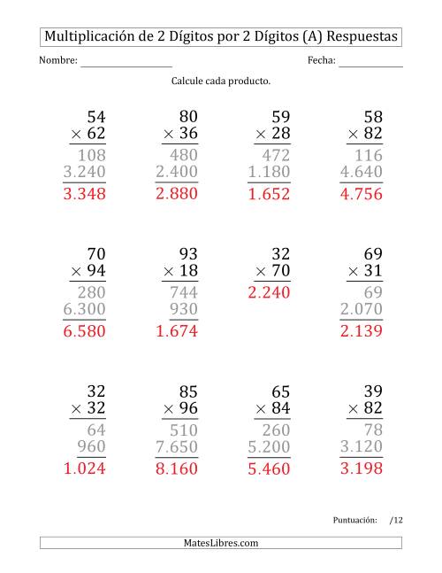 La hoja de ejercicios de Multiplicar Números de 2 Dígitos por 2 Dígitos (Formato Grande) Usando Puntos como Separadores de Millares (A) Página 2