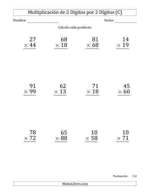 La hoja de ejercicios de Multiplicar Números de 2 Dígitos por 2 Dígitos (Formato Grande) Usando Puntos como Separadores de Millares (C)