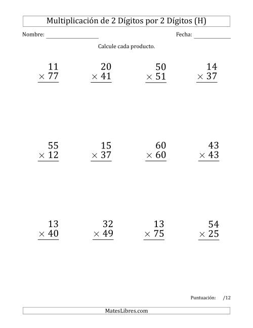 La hoja de ejercicios de Multiplicar Números de 2 Dígitos por 2 Dígitos (Formato Grande) Usando Puntos como Separadores de Millares (H)