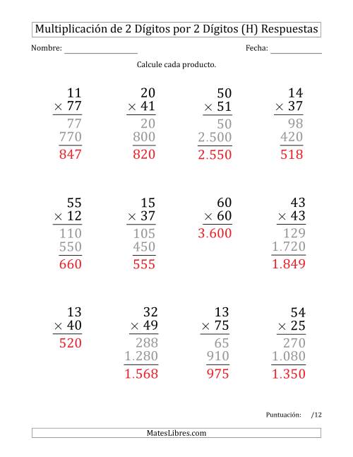 La hoja de ejercicios de Multiplicar Números de 2 Dígitos por 2 Dígitos (Formato Grande) Usando Puntos como Separadores de Millares (H) Página 2