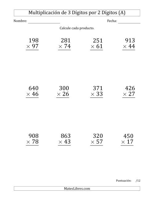 La hoja de ejercicios de Multiplicar Números de 3 Dígitos por 2 Dígitos (Formato Grande) Usando Puntos como Separadores de Millares (Todas)