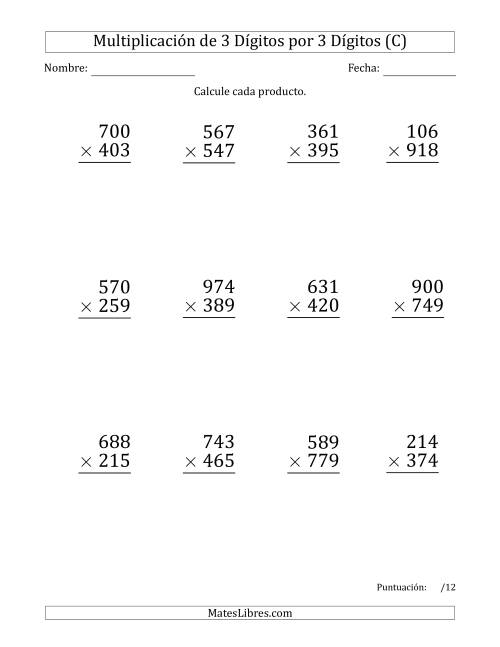 La hoja de ejercicios de Multiplicar Números de 3 Dígitos por 3 Dígitos (Formato Grande) Usando Puntos como Separadores de Millares (C)