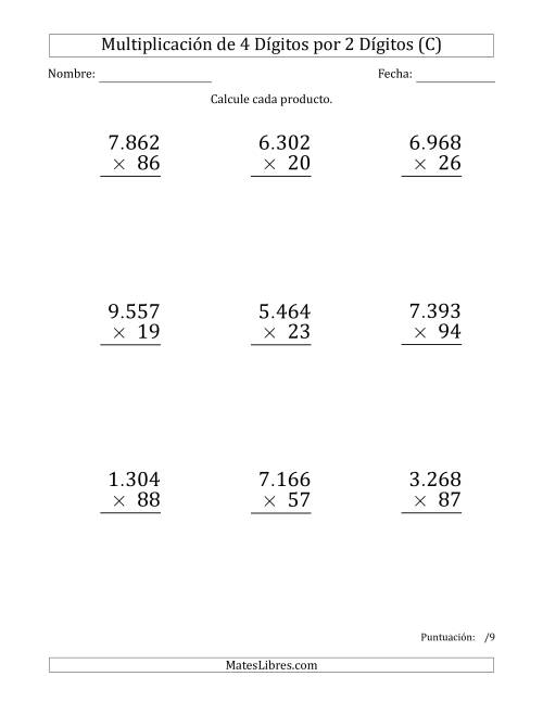 La hoja de ejercicios de Multiplicar Números de 4 Dígitos por 2 Dígitos (Formato Grande) Usando Puntos como Separadores de Millares (C)