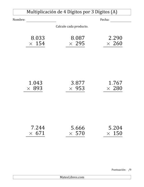 La hoja de ejercicios de Multiplicar Números de 4 Dígitos por 3 Dígitos (Formato Grande) Usando Puntos como Separadores de Millares (A)