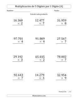Multiplicar Números de 5 Dígitos por 1 Dígito (Formato Grande) Usando Puntos como Separadores de Millares