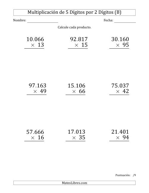 La hoja de ejercicios de Multiplicar Números de 5 Dígitos por 2 Dígitos (Formato Grande) Usando Puntos como Separadores de Millares (B)