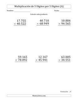 Multiplicar Números de 5 Dígitos por 5 Dígitos (Formato Grande) Usando Puntos como Separadores de Millares