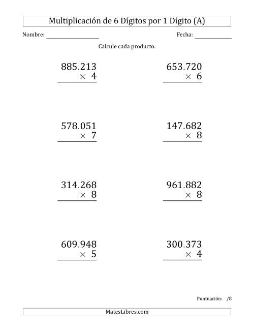 La hoja de ejercicios de Multiplicar Números de 6 Dígitos por 1 Dígito (Formato Grande) Usando Puntos como Separadores de Millares (A)
