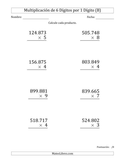 La hoja de ejercicios de Multiplicar Números de 6 Dígitos por 1 Dígito (Formato Grande) Usando Puntos como Separadores de Millares (B)