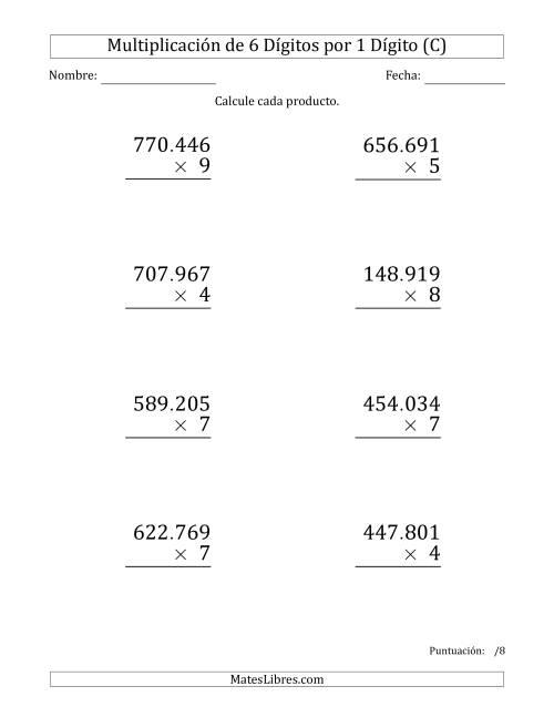 La hoja de ejercicios de Multiplicar Números de 6 Dígitos por 1 Dígito (Formato Grande) Usando Puntos como Separadores de Millares (C)