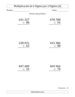 Multiplicar Números de 6 Dígitos por 2 Dígitos (Formato Grande) Usando Puntos como Separadores de Millares