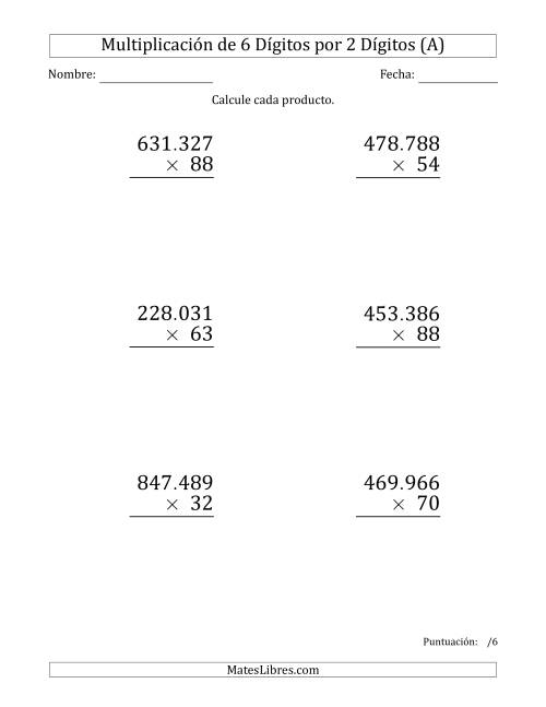 La hoja de ejercicios de Multiplicar Números de 6 Dígitos por 2 Dígitos (Formato Grande) Usando Puntos como Separadores de Millares (A)