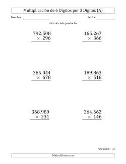 Multiplicar Números de 6 Dígitos por 3 Dígitos (Formato Grande) Usando Puntos como Separadores de Millares