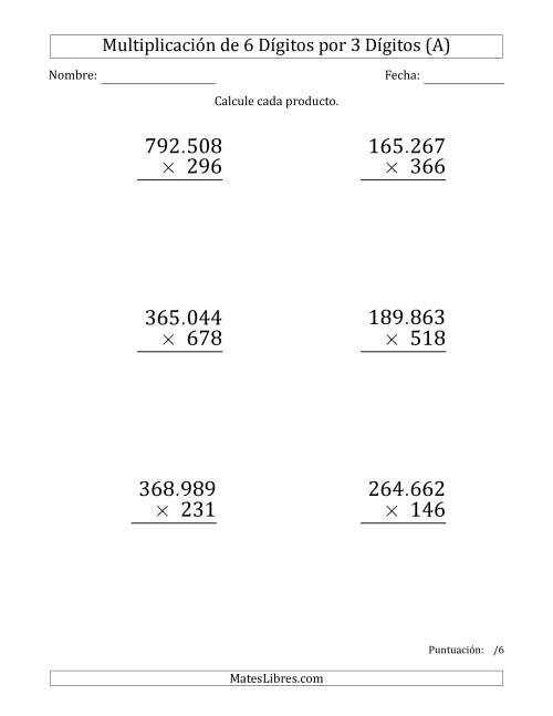 La hoja de ejercicios de Multiplicar Números de 6 Dígitos por 3 Dígitos (Formato Grande) Usando Puntos como Separadores de Millares (A)
