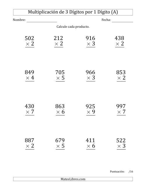 La hoja de ejercicios de Multiplicar Números de 3 Dígitos por 1 Dígito (Formato Grande) (A)