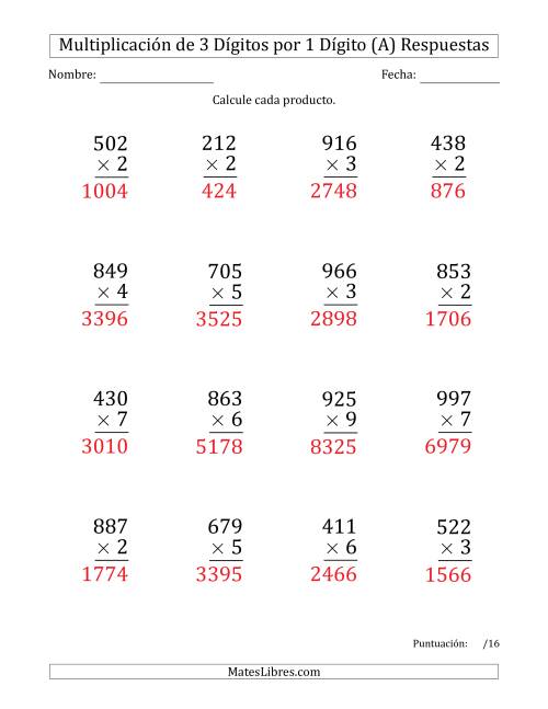 La hoja de ejercicios de Multiplicar Números de 3 Dígitos por 1 Dígito (Formato Grande) (A) Página 2